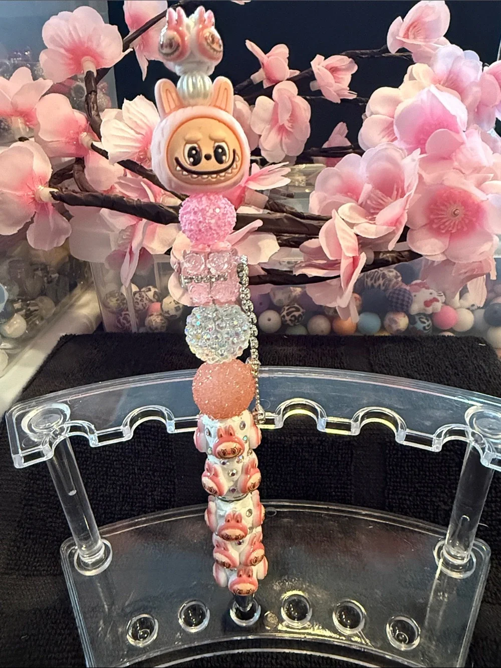 Handmade Pink Bunny Beaded Charm Keychain